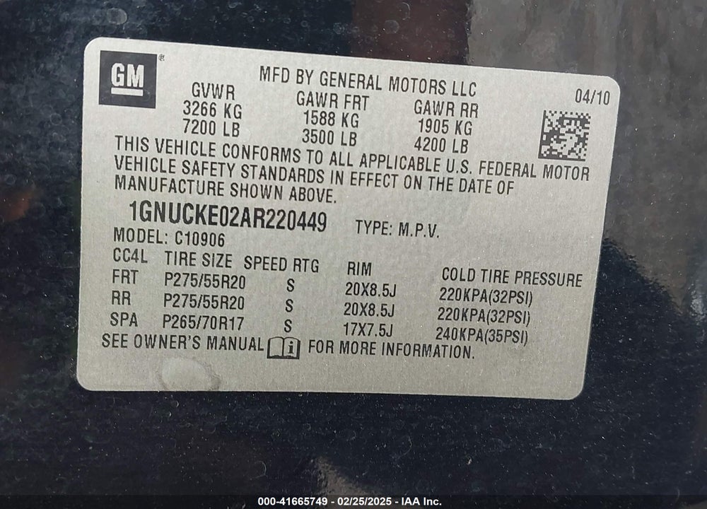 2010 CHEVROLET SUBURBAN 1500 LTZ VIN: 1GNUCKE02AR220449