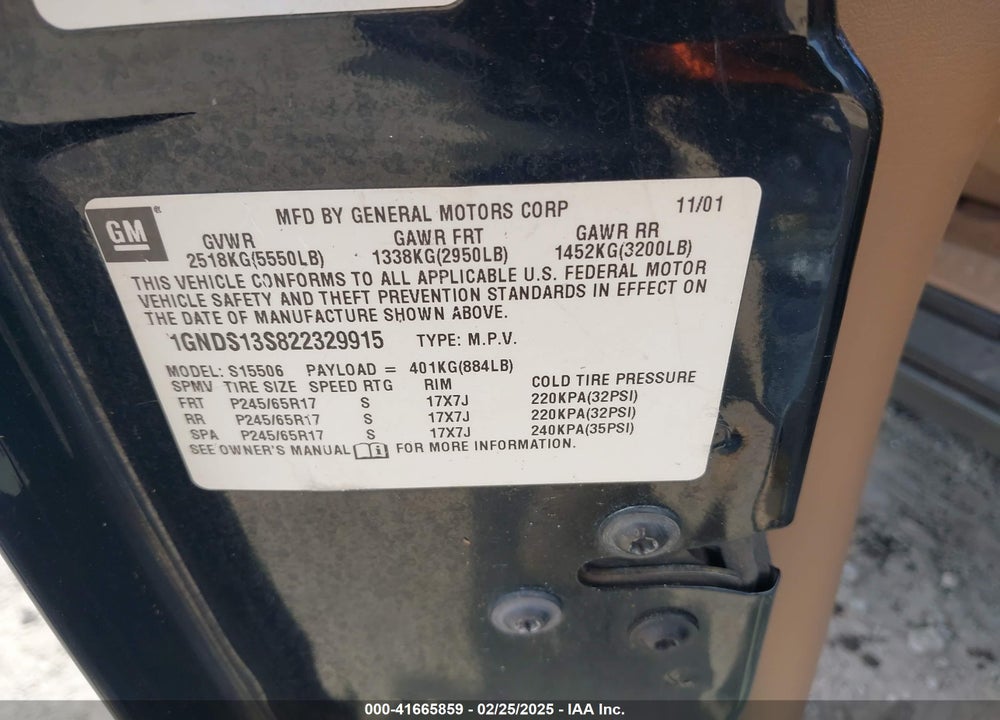 2002 CHEVROLET TRAILBLAZER LTZ VIN: 1GNDS13S822329915