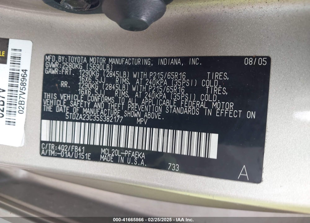 2005 TOYOTA SIENNA LE VIN: 5TDZA23C35S382177