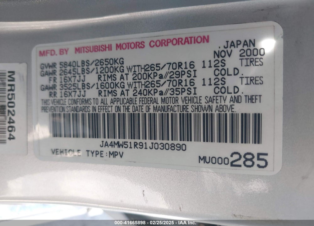 2001 MITSUBISHI MONTERO LIMITED VIN: JA4MW51R91J030890