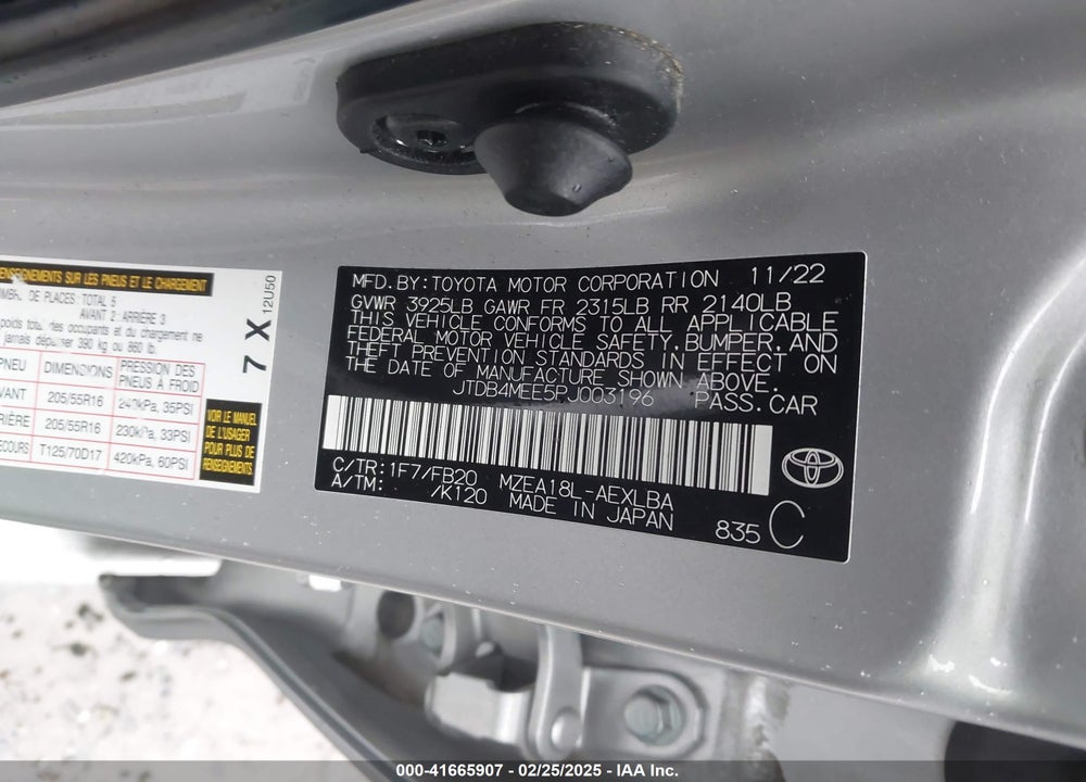 2023 TOYOTA COROLLA VIN: JTDB4MEE5PJ003196