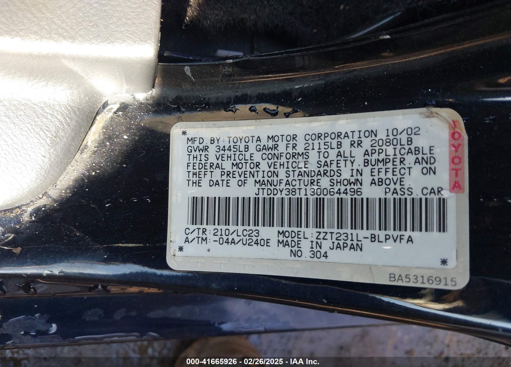 2003 TOYOTA CELICA VIN: JTDDY38T130064496