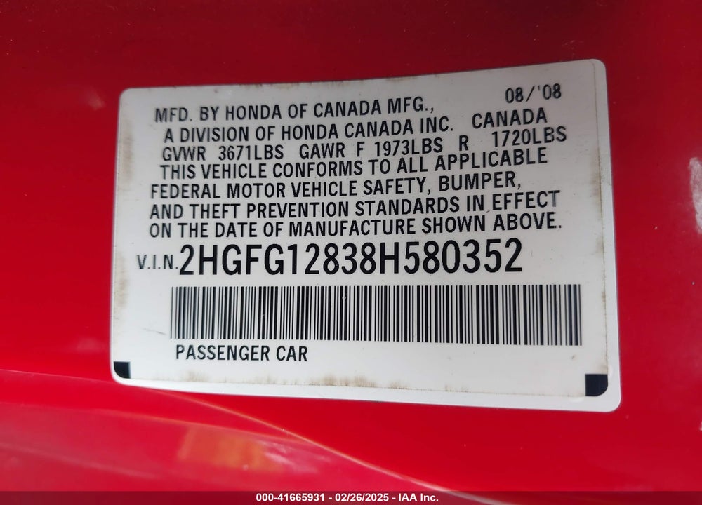 2008 HONDA CIVIC VIN: 2HGFG12838H580352