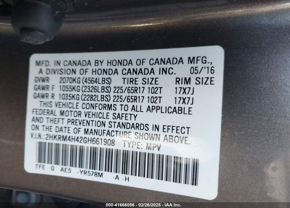 2016 HONDA CR-V SE VIN: 2HKRM4H42GH661908