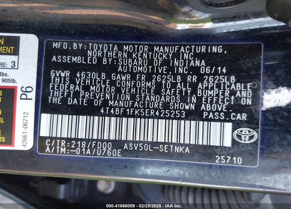 2014 TOYOTA CAMRY VIN: 4T4BF1FK5ER425253
