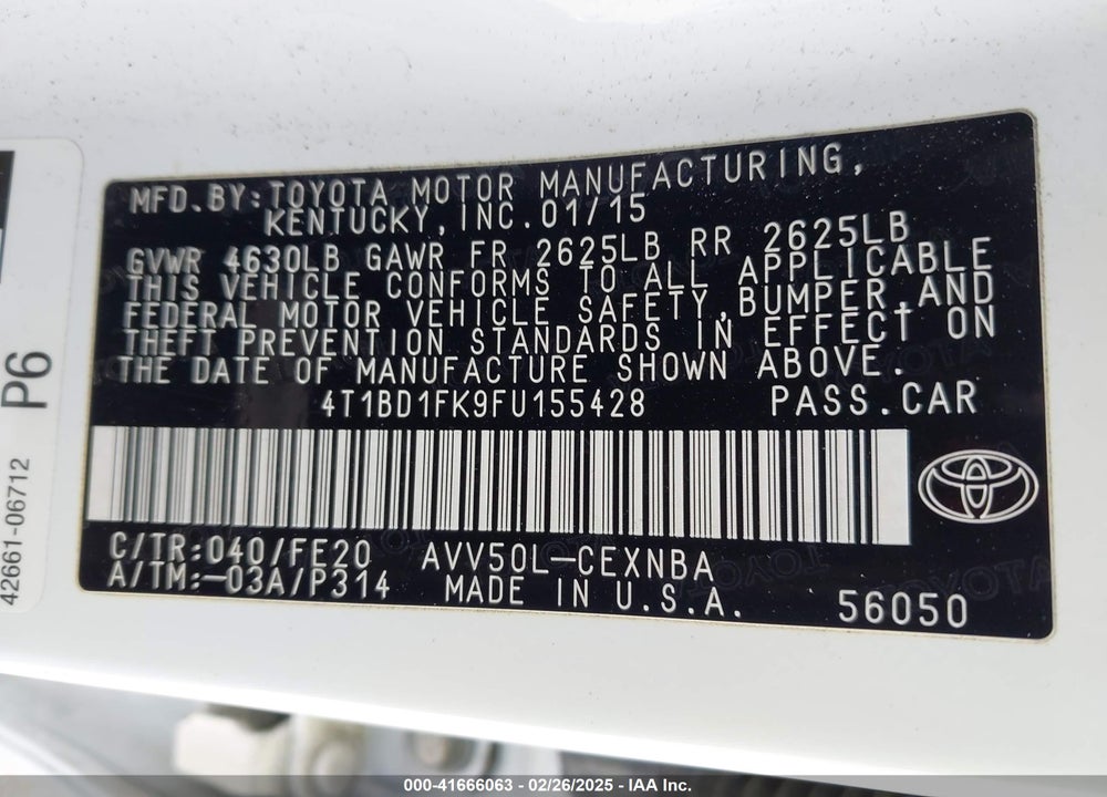2015 TOYOTA CAMRY HYBRID VIN: 4T1BD1FK9FU155428