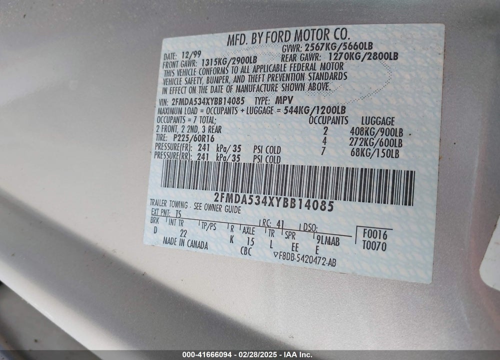 2000 FORD WINDSTAR VIN: 2FMDA534XYBB14085