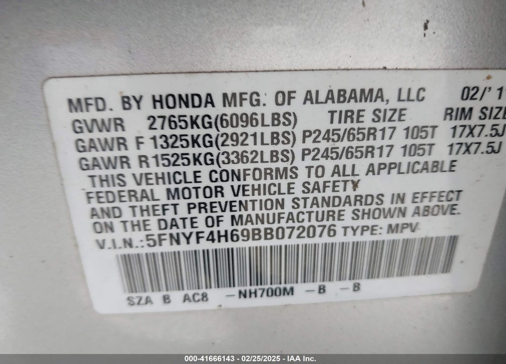 2011 HONDA PILOT VIN: 5FNYF4H69BB072076