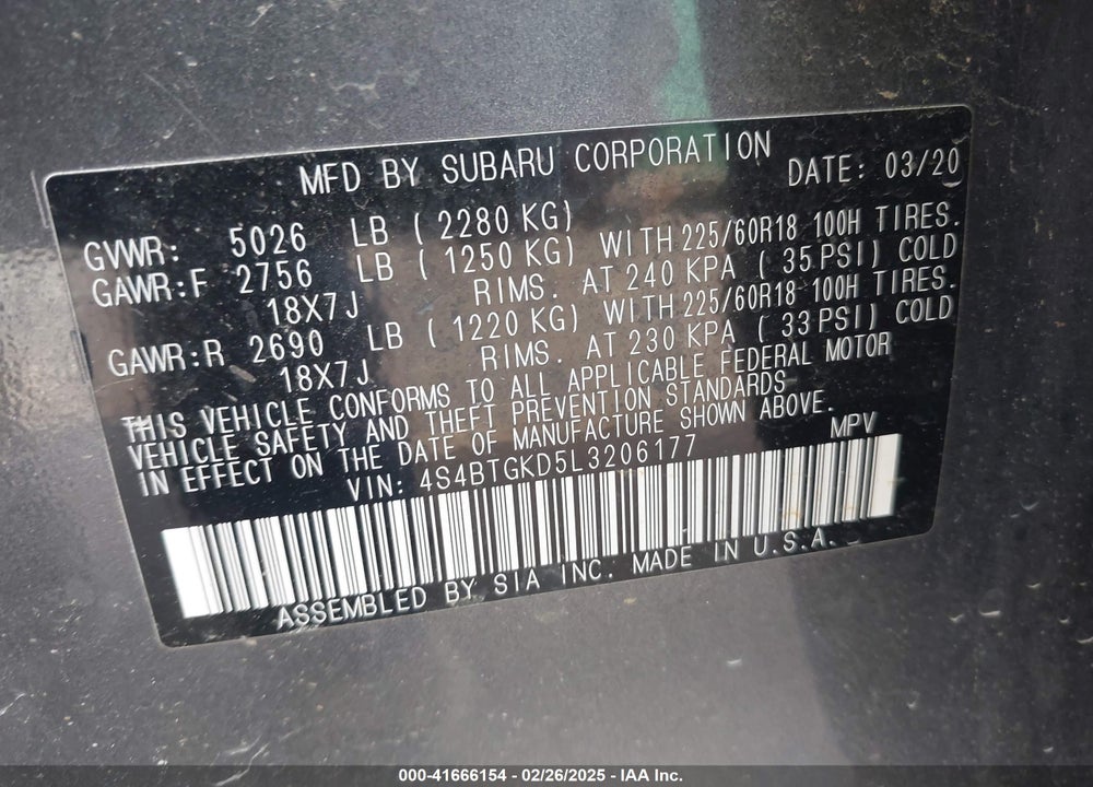 2020 SUBARU OUTBACK VIN: 4S4BTGKD5L3206177