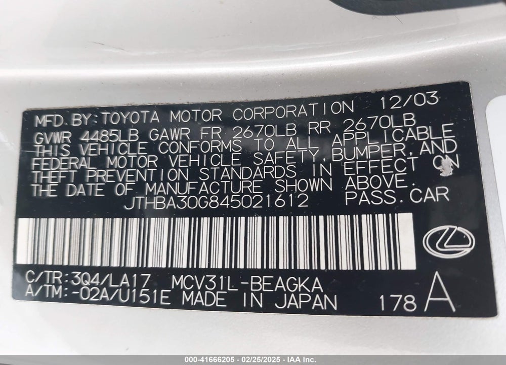 2004 LEXUS ES 330 VIN: JTHBA30G845021612