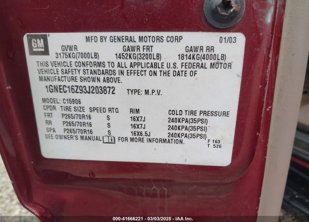 2003 CHEVROLET SUBURBAN 1500 LT VIN: 1GNEC16Z93J203872