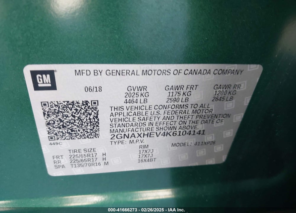 2019 CHEVROLET EQUINOX VIN: 2GNAXHEV4K6104141
