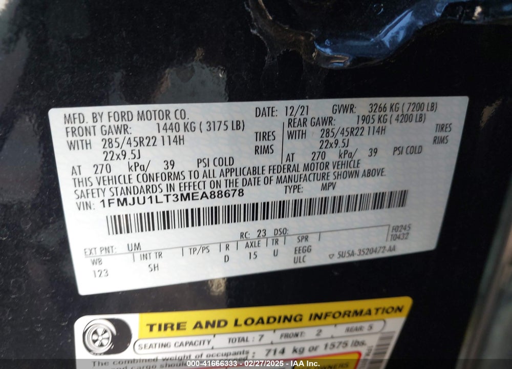 2021 FORD EXPEDITION PLATINUM VIN: 1FMJU1LT3MEA88678