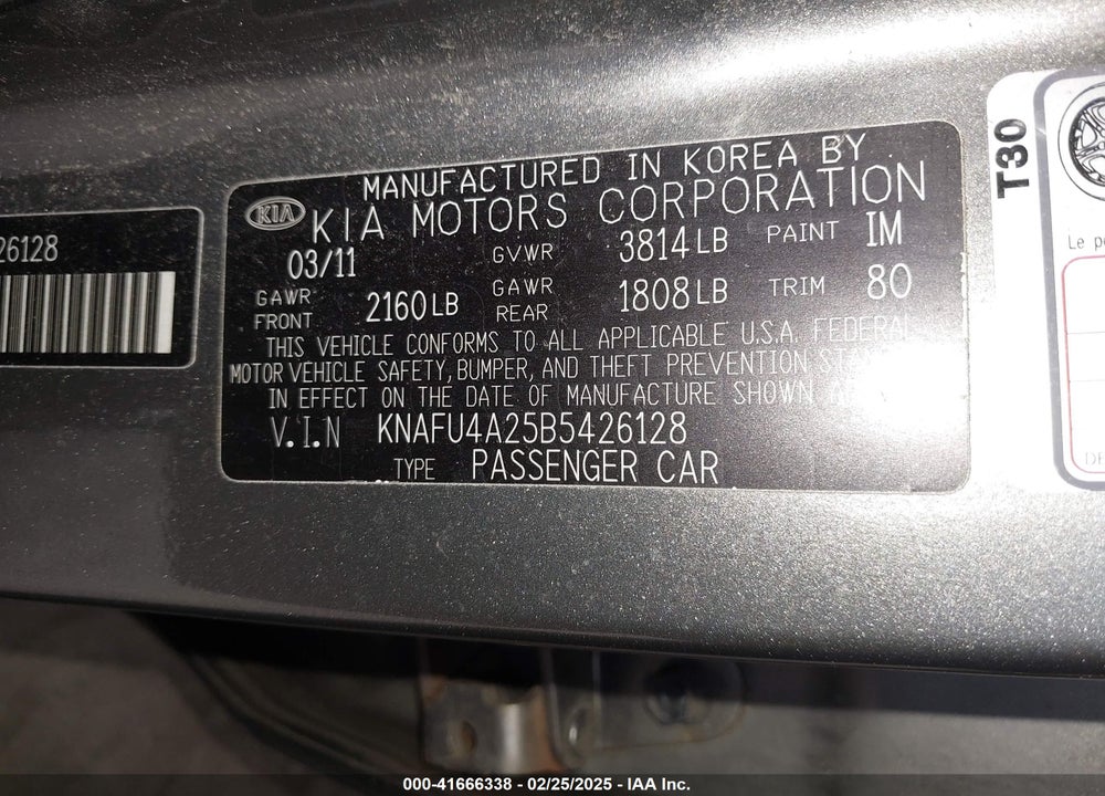 2011 KIA FORTE VIN: KNAFU4A25B5426128