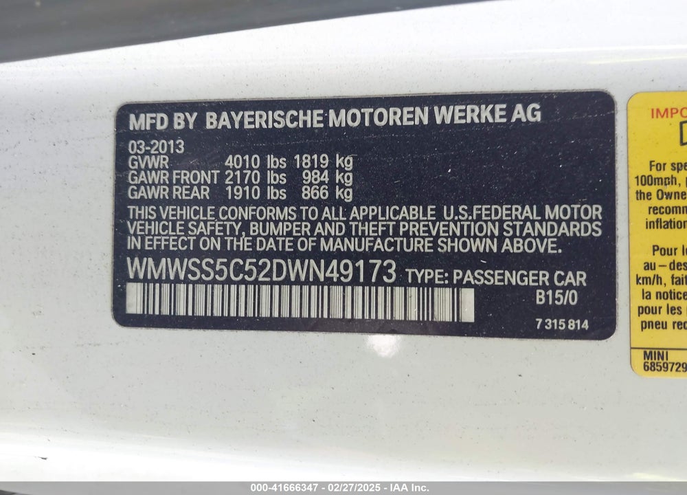 2013 MINI COOPER VIN: WMWSS5C52DWN49173