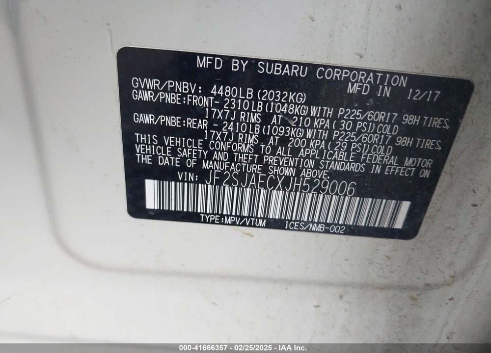 2018 SUBARU FORESTER 2.5I PREMIUM VIN: JF2SJAECXJH529006