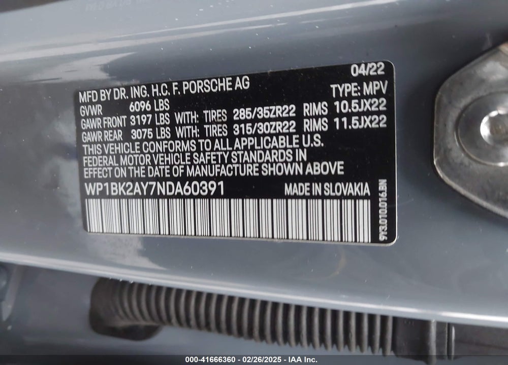 2022 PORSCHE CAYENNE COUPE VIN: WP1BK2AY7NDA60391