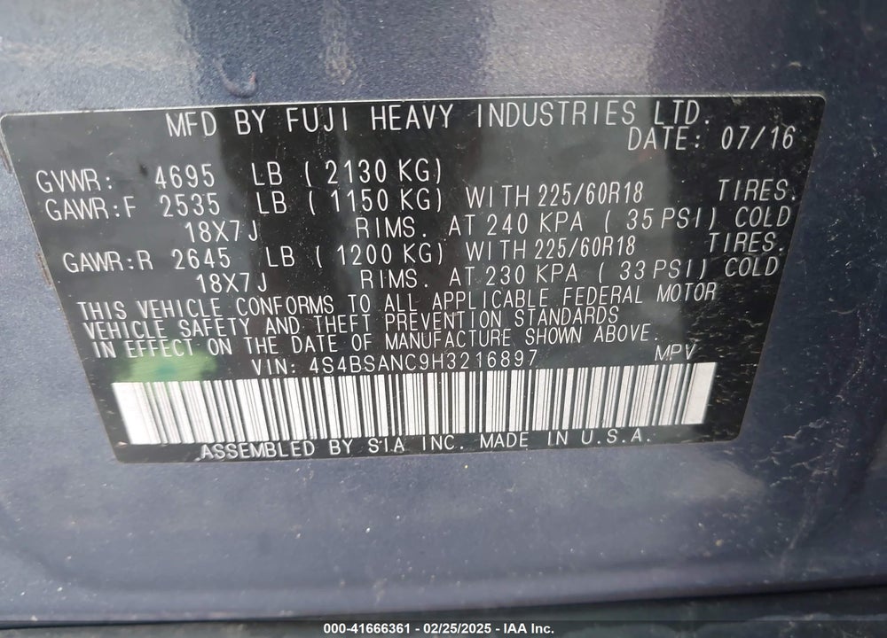 2017 SUBARU OUTBACK 2.5I LIMITED VIN: 4S4BSANC9H3216897