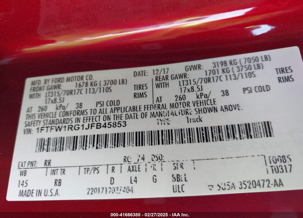 2018 FORD F-150 VIN: 1FTFW1RG1JFB45853