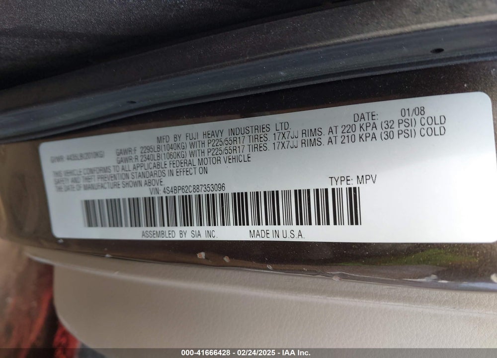 2008 SUBARU OUTBACK VIN: 4S4BP62C887353096