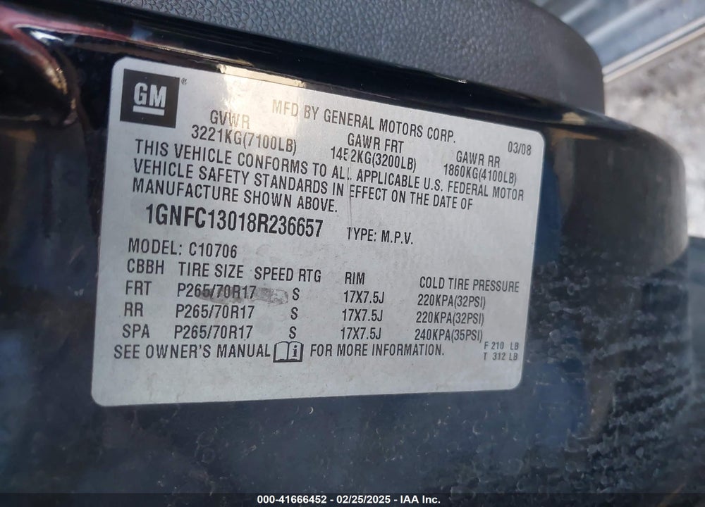 2008 CHEVROLET TAHOE VIN: 1GNFC13018R236657