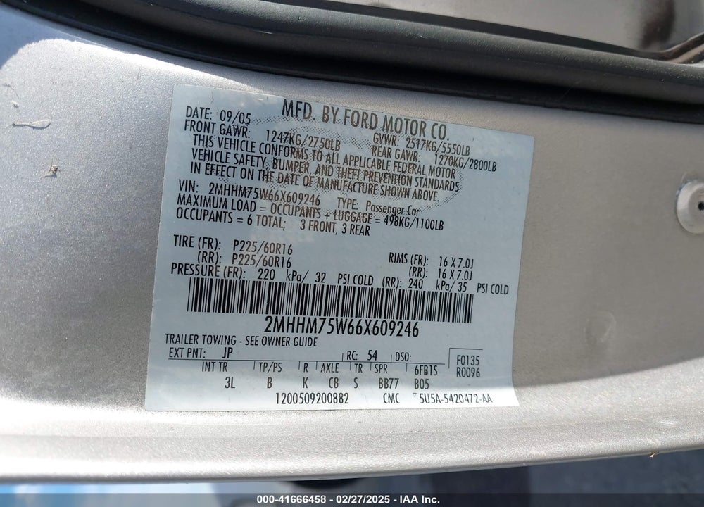 2006 MERCURY GRAND MARQUIS VIN: 2MHHM75W66X609246