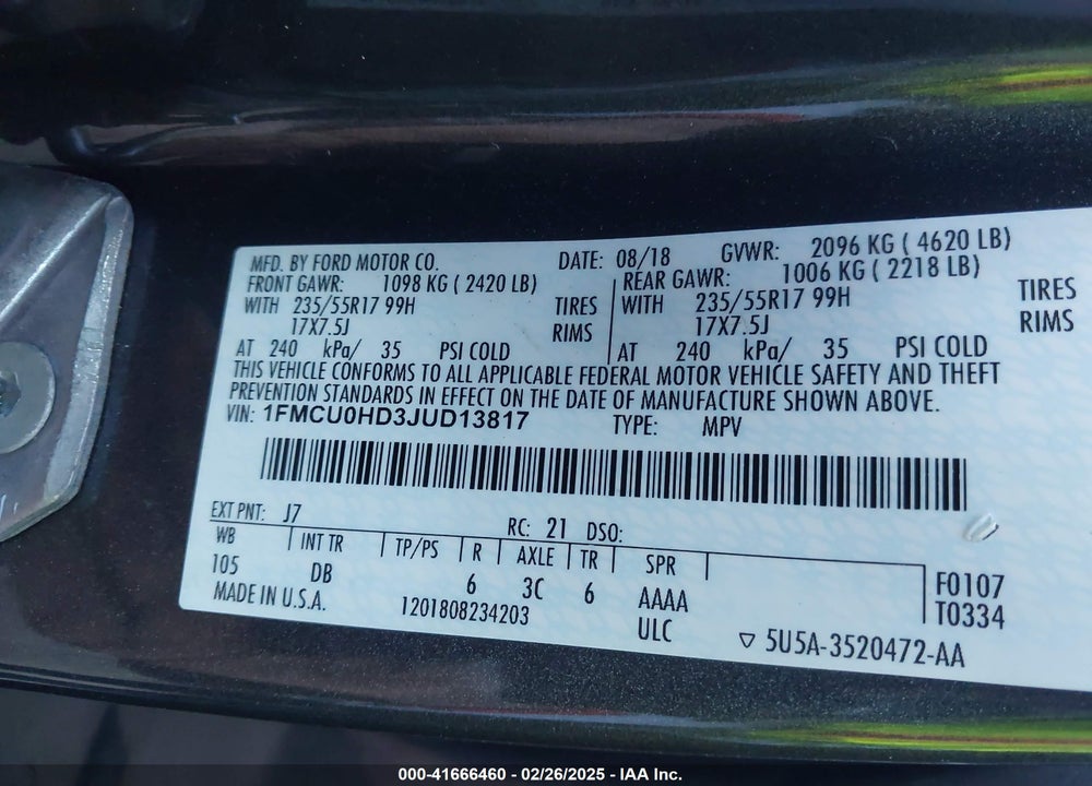 2018 FORD ESCAPE SEL VIN: 1FMCU0HD3JUD13817