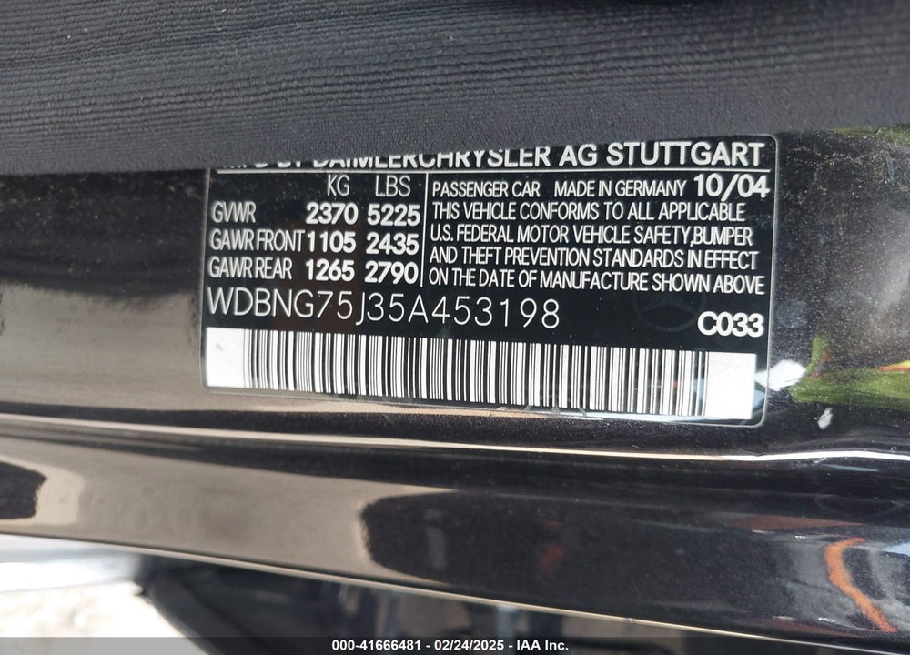 2005 MERCEDES-BENZ S 500 VIN: WDBNG75J35A453198