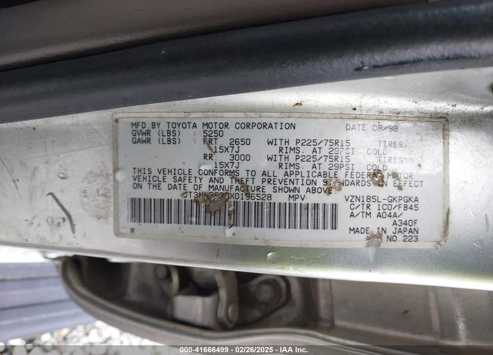 1999 TOYOTA 4RUNNER VIN: JT3HN86R0X0196528