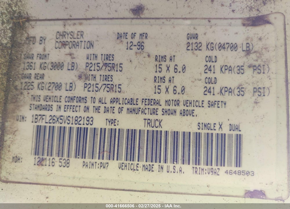 1997 DODGE DAKOTA SLT/SPORT VIN: 1B7FL26X5VS182193