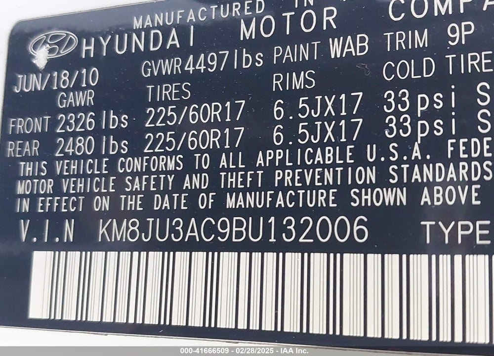 2011 HYUNDAI TUCSON GLS VIN: KM8JU3AC9BU132006