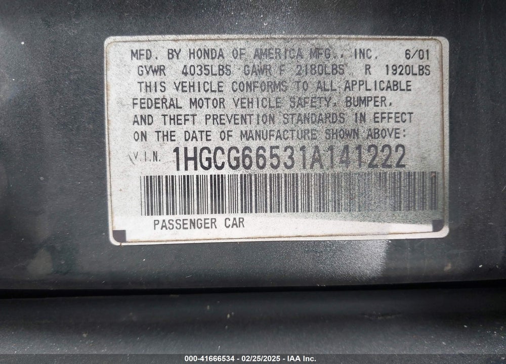 2001 HONDA ACCORD 2.3 LX VIN: 1HGCG66531A141222