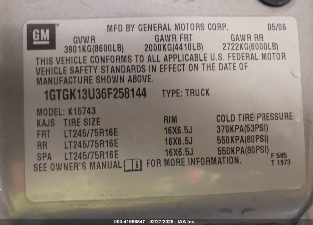 2006 GMC SIERRA 1500HD VIN: 1GTGK13U36F258144