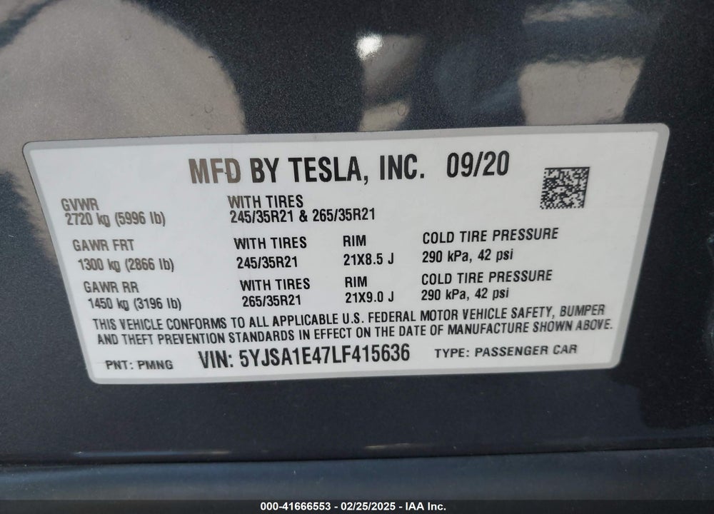 2020 TESLA MODEL S VIN: 5YJSA1E47LF415636
