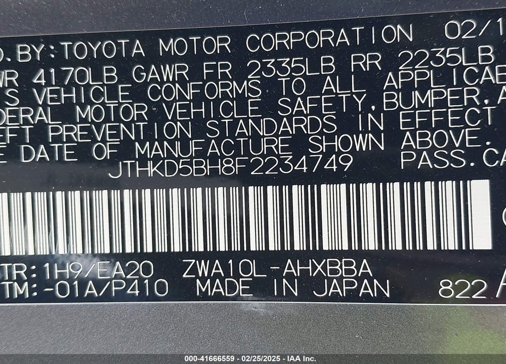 2015 LEXUS CT 200H VIN: JTHKD5BH8F2234749