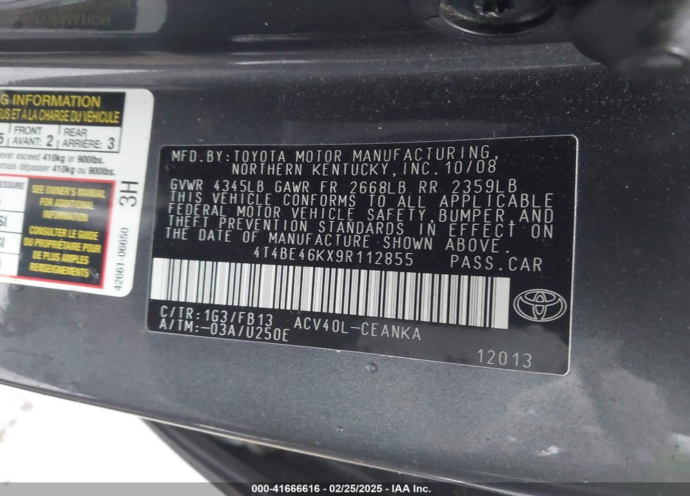 2009 TOYOTA CAMRY VIN: 4T4BE46KX9R112855