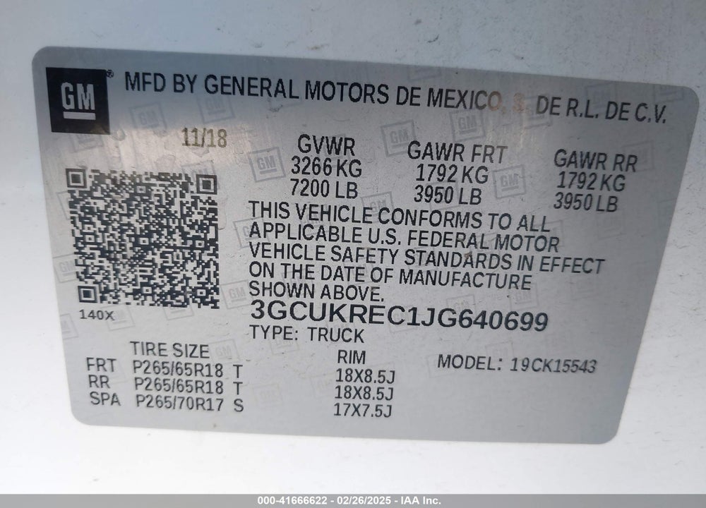2018 CHEVROLET SILVERADO 1500 2LT VIN: 3GCUKREC1JG640699