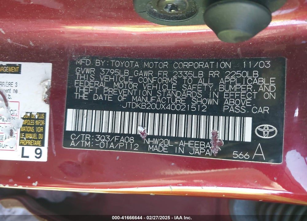 2004 TOYOTA PRIUS VIN: JTDKB20UX40021512