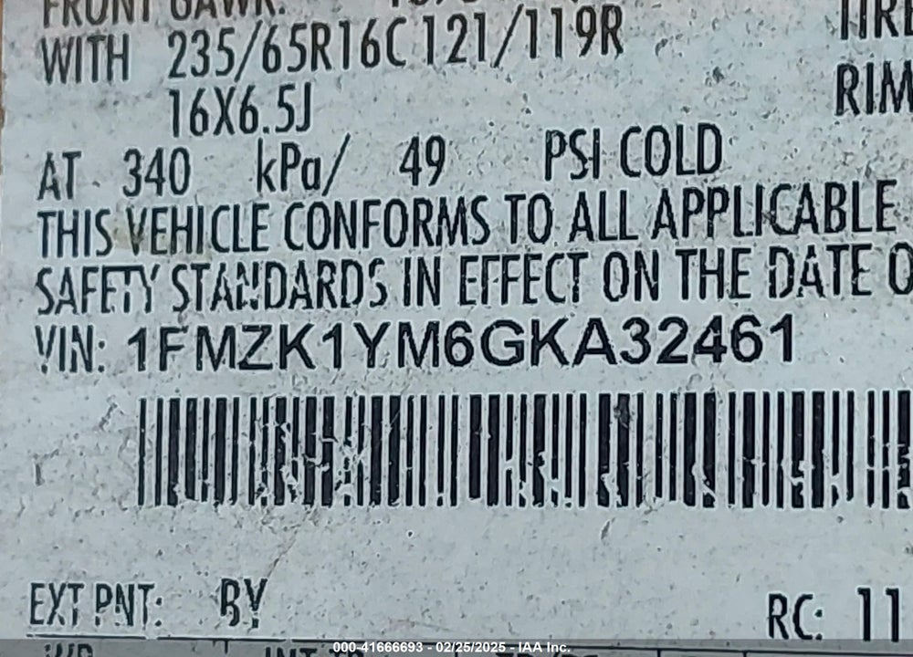 2016 FORD TRANSIT-150 XL VIN: 1FMZK1YM6GKA32461
