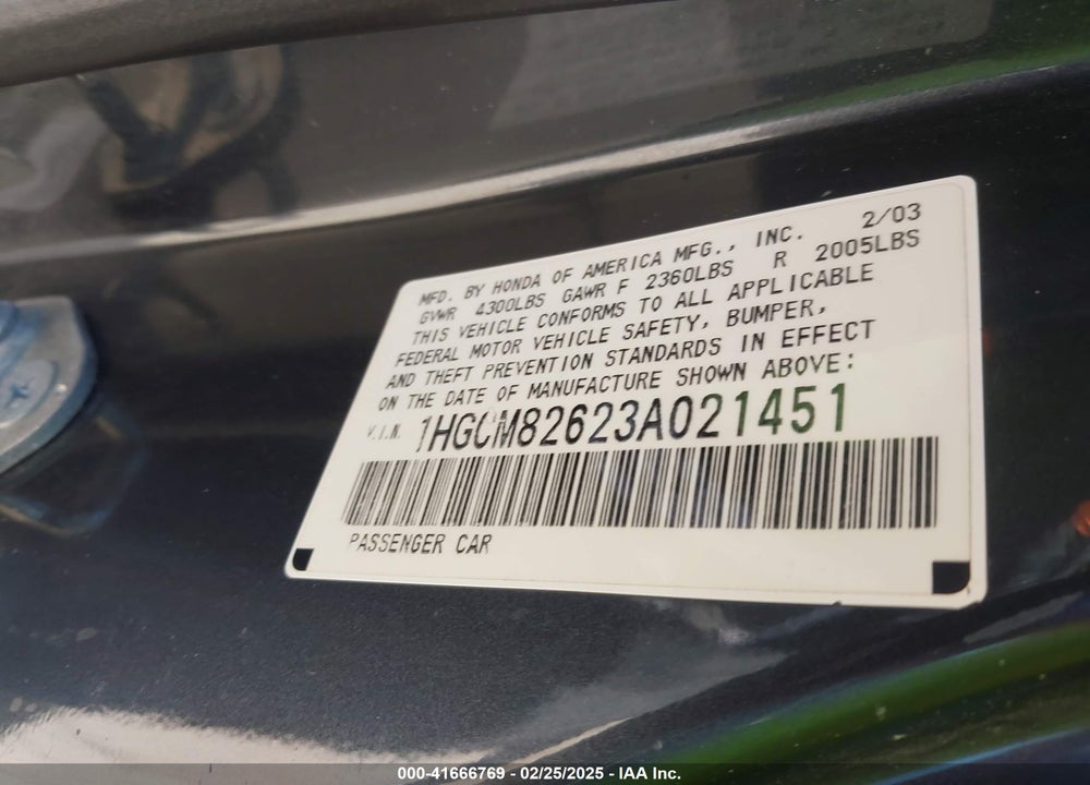 2003 HONDA ACCORD VIN: 1HGCM82623A021451