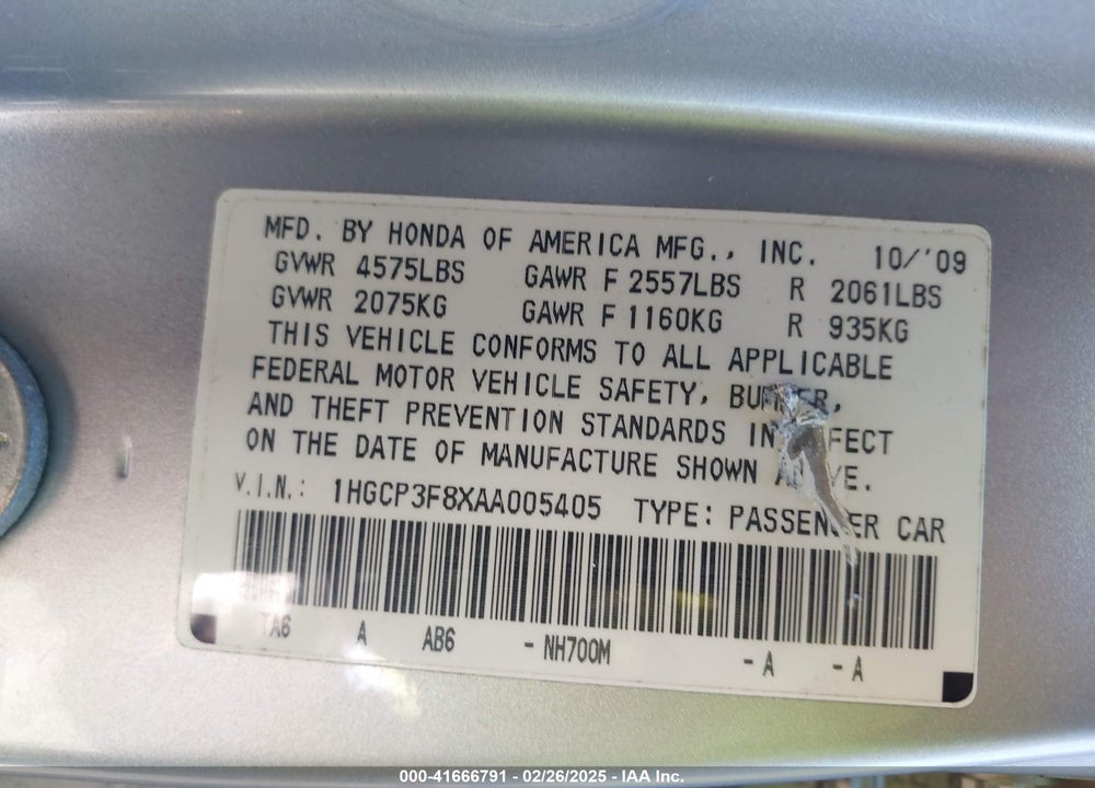 2010 HONDA ACCORD VIN: 1HGCP3F8XAA005405