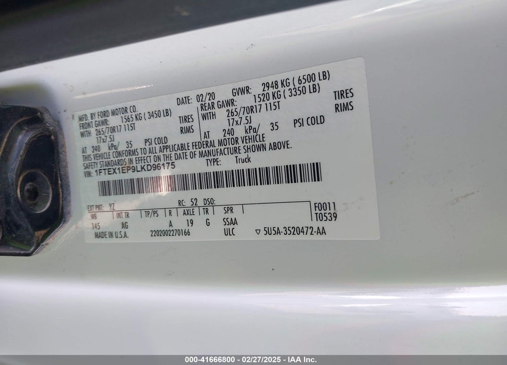 2020 FORD F-150 VIN: 1FTEX1EP9LKD96175