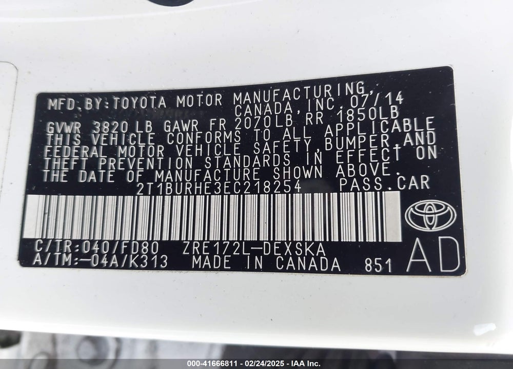 2014 TOYOTA COROLLA S PLUS VIN: 2T1BURHE3EC218254