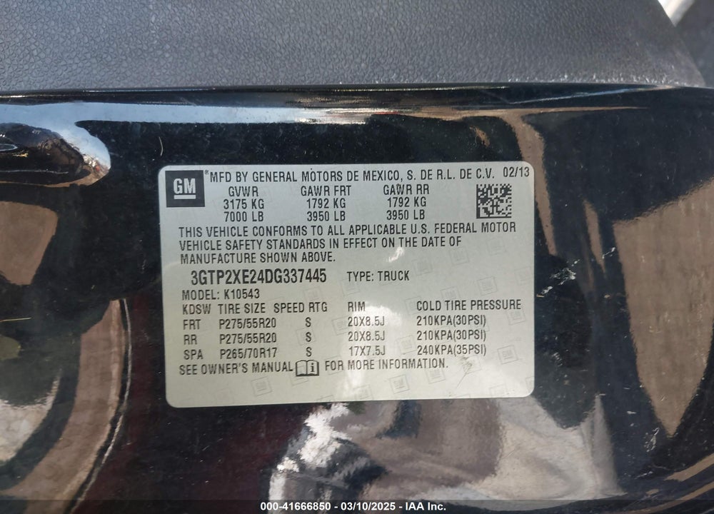 2013 GMC SIERRA 1500 DENALI VIN: 3GTP2XE24DG337445