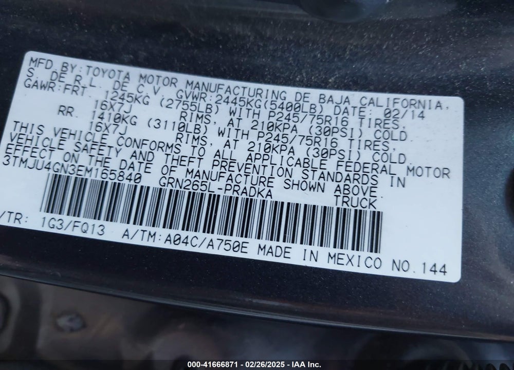 2014 TOYOTA TACOMA VIN: 3TMJU4GN3EM165840