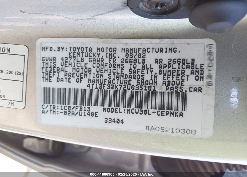 2002 TOYOTA CAMRY LE V6 VIN: 4T1BF32K72U035181