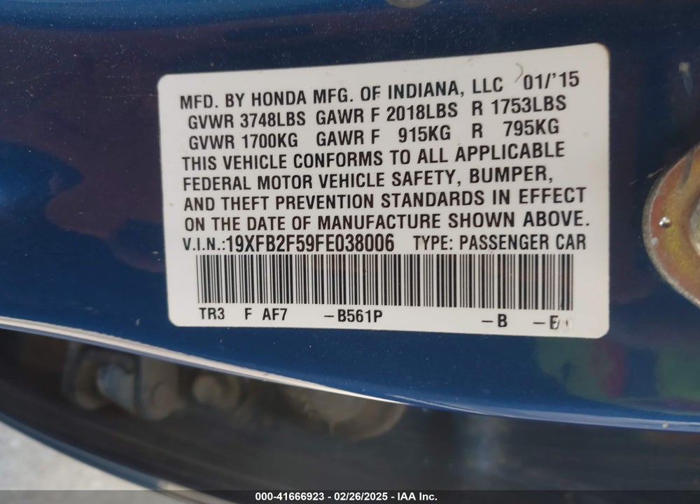 2015 HONDA CIVIC VIN: 19XFB2F59FE038006