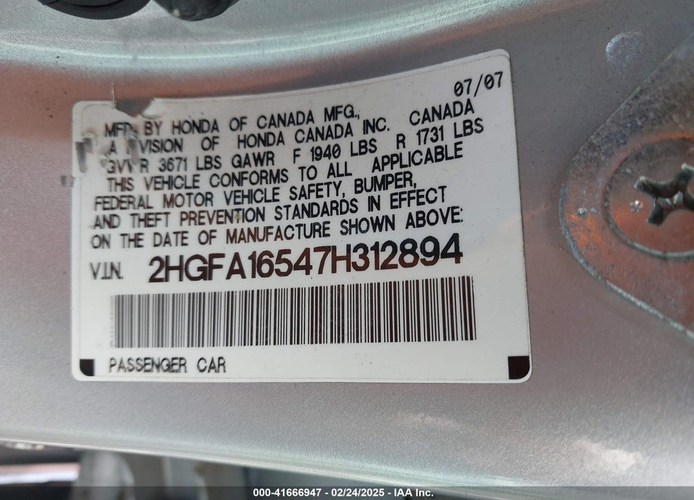 2007 HONDA CIVIC VIN: 2HGFA16547H312894