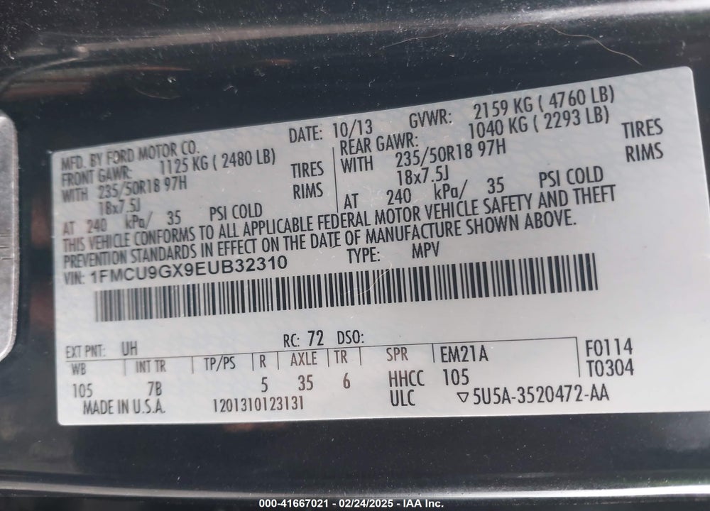 2014 FORD ESCAPE SE VIN: 1FMCU9GX9EUB32310