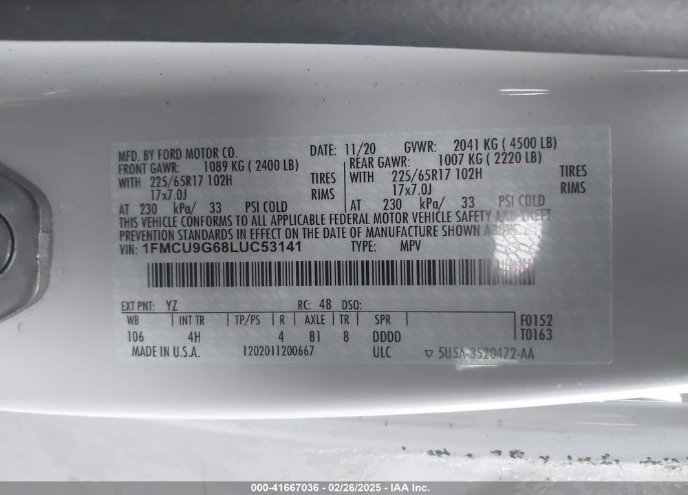 2020 FORD ESCAPE VIN: 1FMCU9G68LUC53141